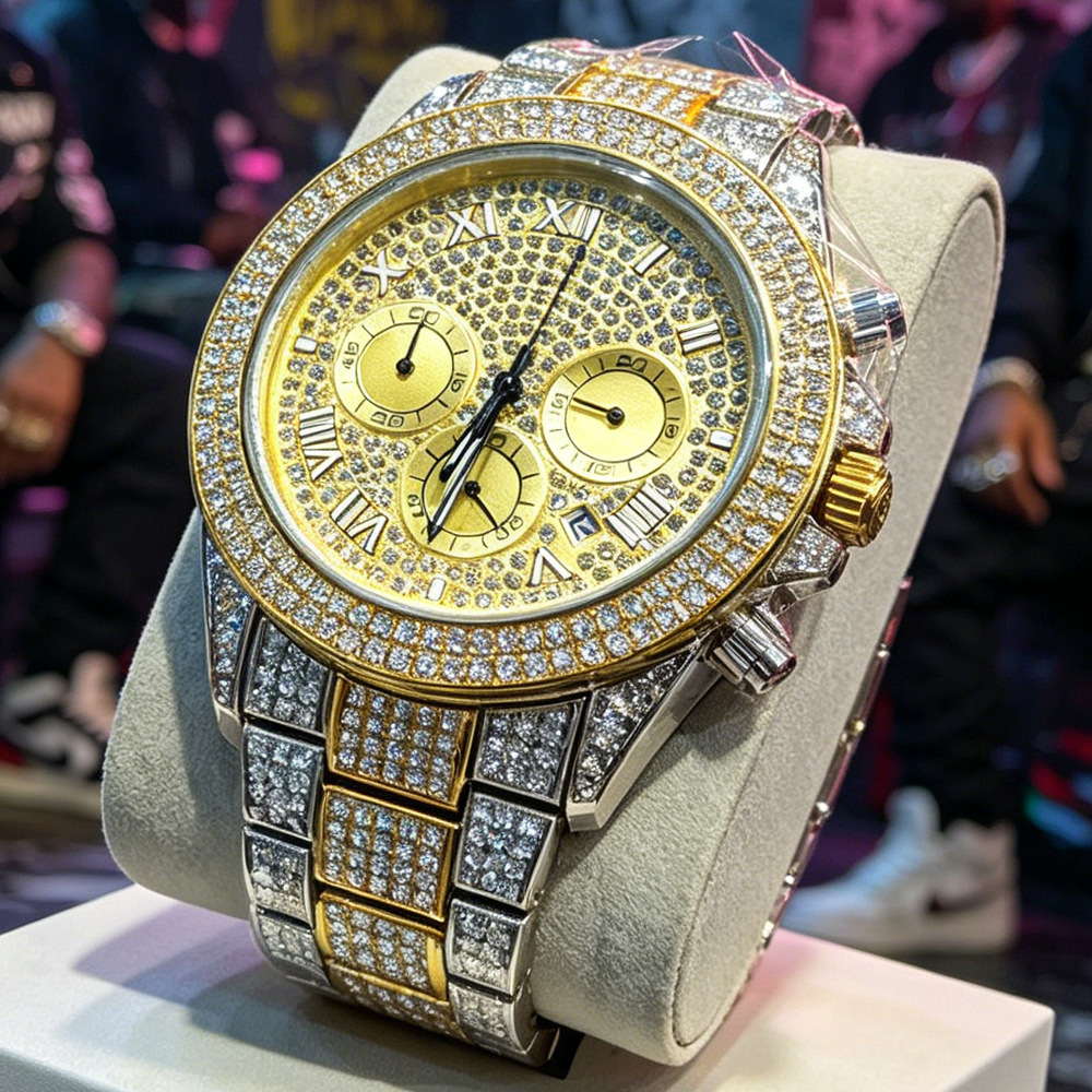 Jewelry Watches Brands - นาฬิกาควอตซ์ฮิปฮอปแบบเต็มเพชร ไม่มีโลโก้ สีเงิน-ทอง แบรนด์ดังสุดฮิตสำหรับผู้ชาย แฟชั่นหรูหรา พร้อมส่งแบบดรอปชิปปิ้ง