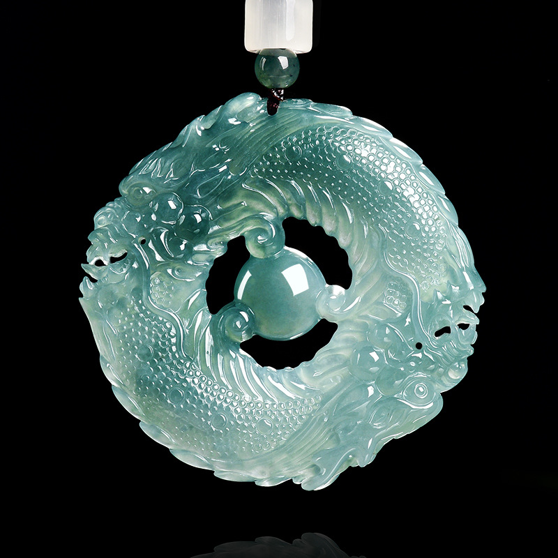 Jewelry & Watches Spółka Z Ograniczoną Odpowiedzialnością - หยกธรรมชาติแท้ สีฟ้าน้ำทะเล หยกแกะสลักลายมังกรคู่ สร้อยคอจี้หยก แบรนด์ดัง เครื่องประดับแฟชั่น