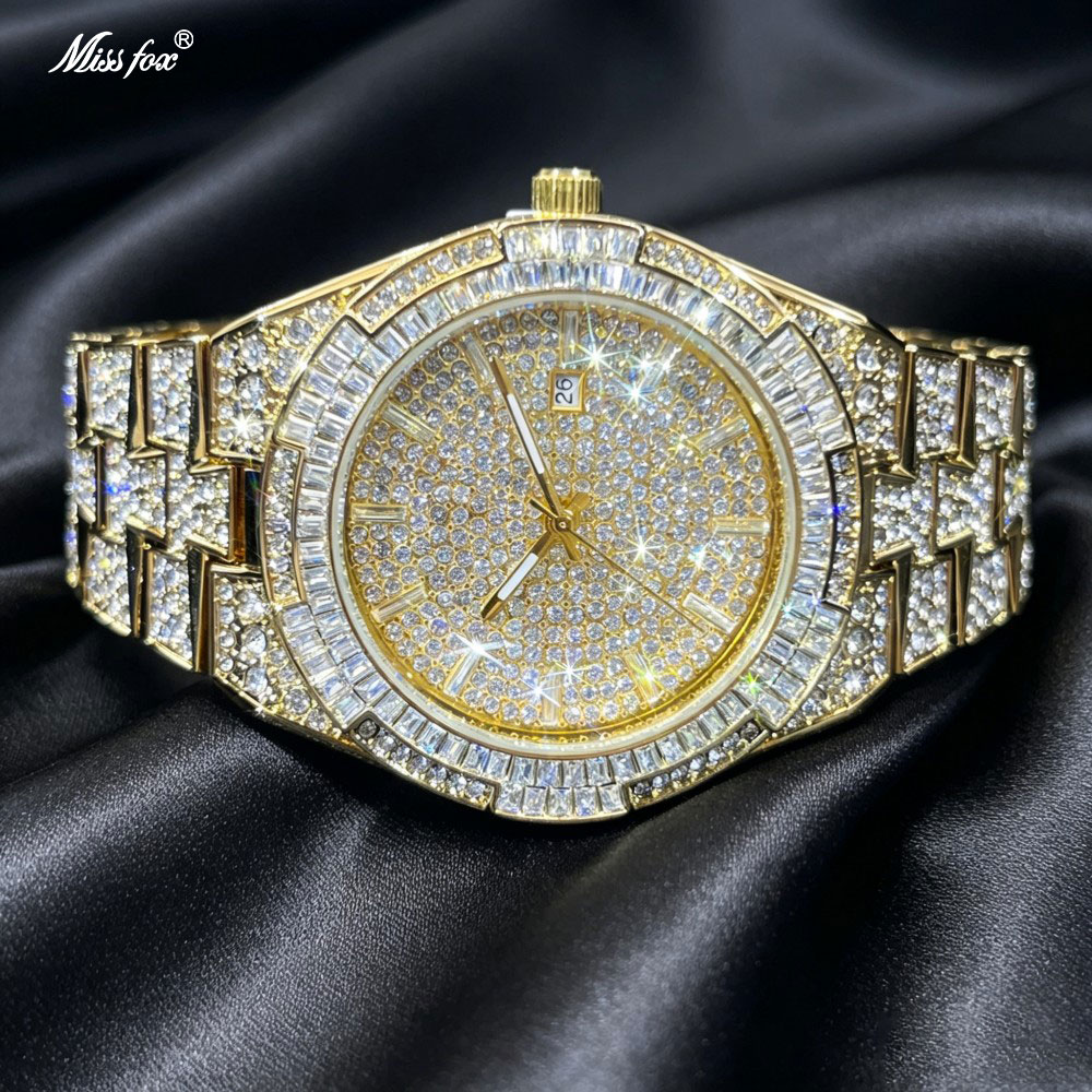 Jewelry Watches Brands - นาฬิกาข้อมือผู้ชายสีทองสุดฮิต แบรนด์แฟชั่น MISSFOX สไตล์ฮิปฮอป ประดับเพชรเต็มตัว หรูหรา